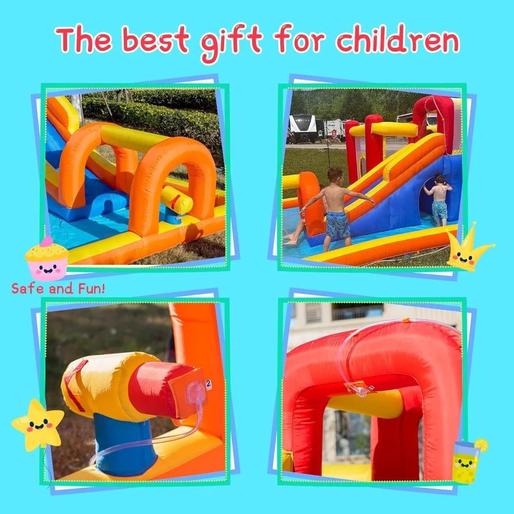 Inflatable Bounce House Water Park with Long Water Slide & Large Splash Pool