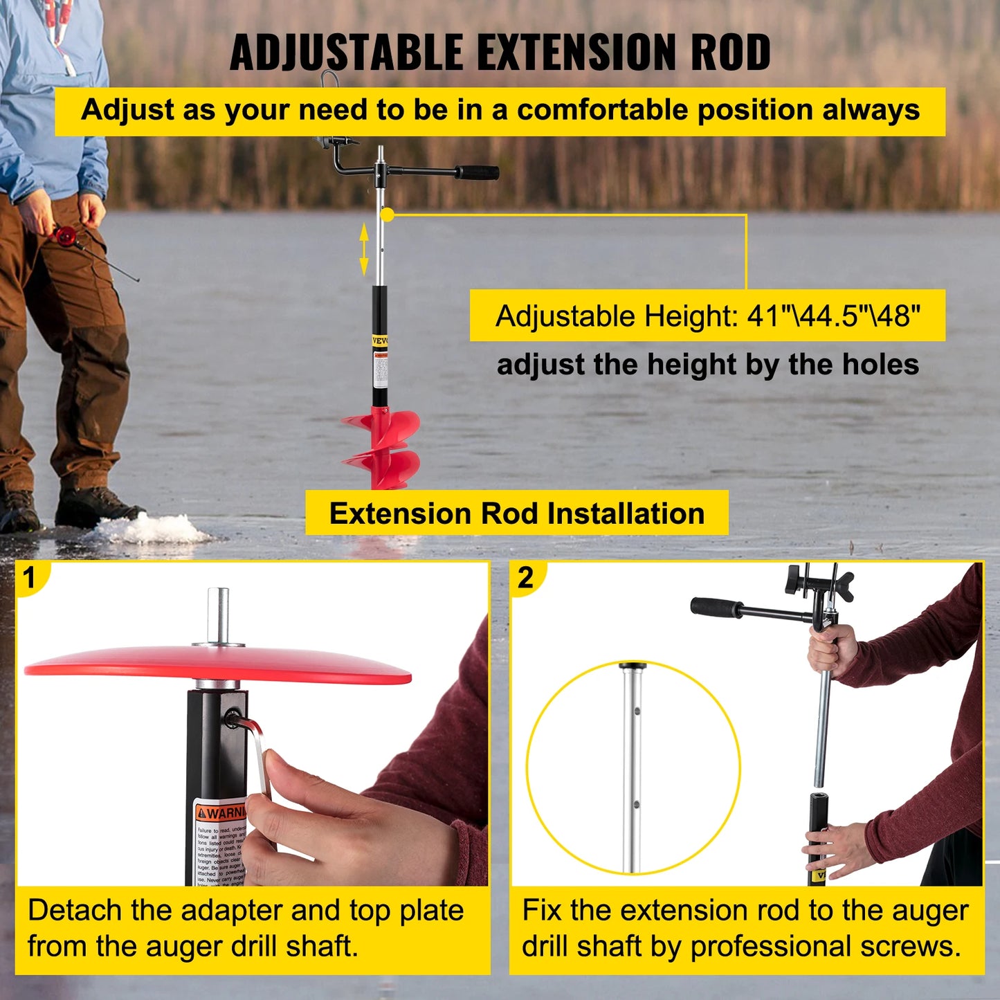 VEVOR Ice Drill Auger, 8'' Diameter Nylon Ice Auger, 41'' Length Ice Auger Bit, w/14'' Adjustable Extension Rod, for Ice Fishing