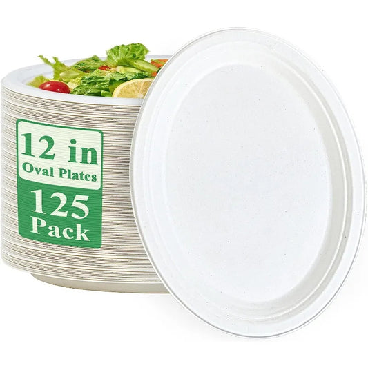 100% Compostable Oval Paper Plates 12 inch 125 Pack Super Strong Disposable Paper Plates