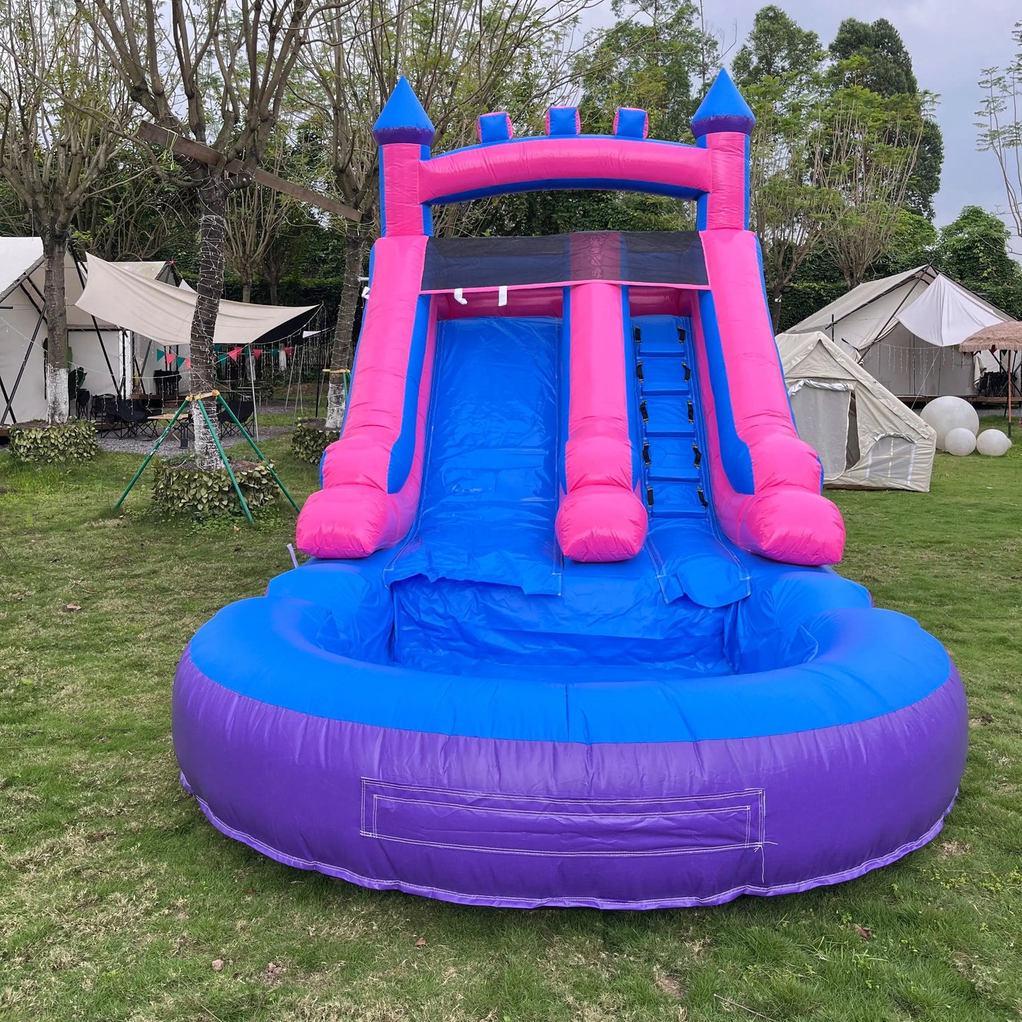 21ft Commercial Grade Navy and Purple Inflatable Water Slide with Splash Pool