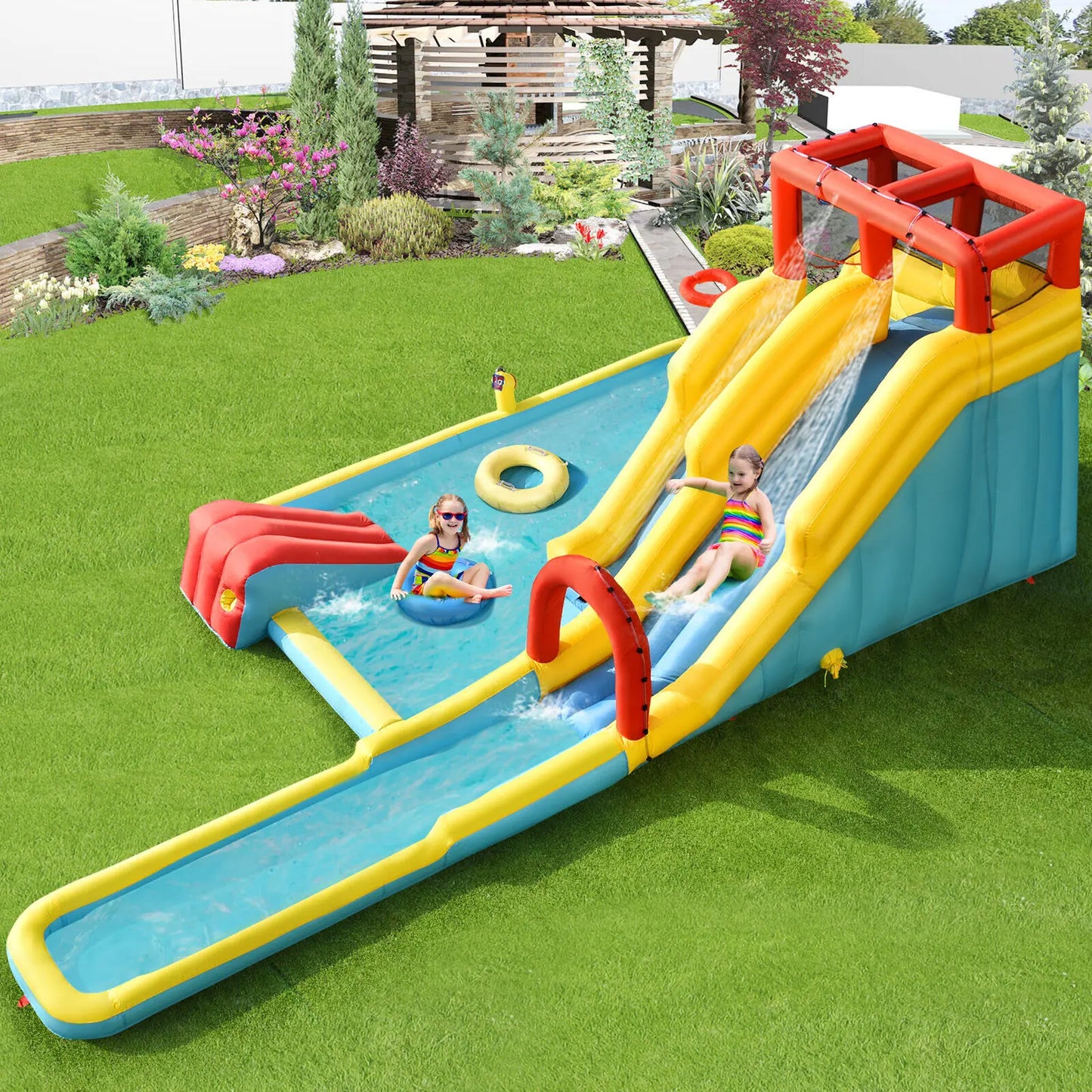 Costway Inflatable Dual Slide Water Park Climbing Bouncer W/ 735W Air Blower