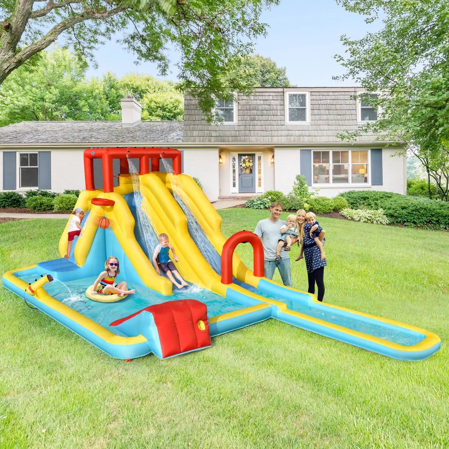 Costway Inflatable Dual Slide Water Park Climbing Bouncer W/ 735W Air Blower