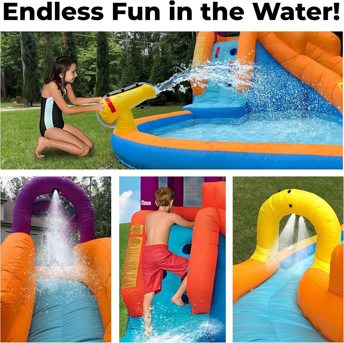 Inflatable Water Slide for Kids -Climbing Wall, Water Cannon and Splash Pool