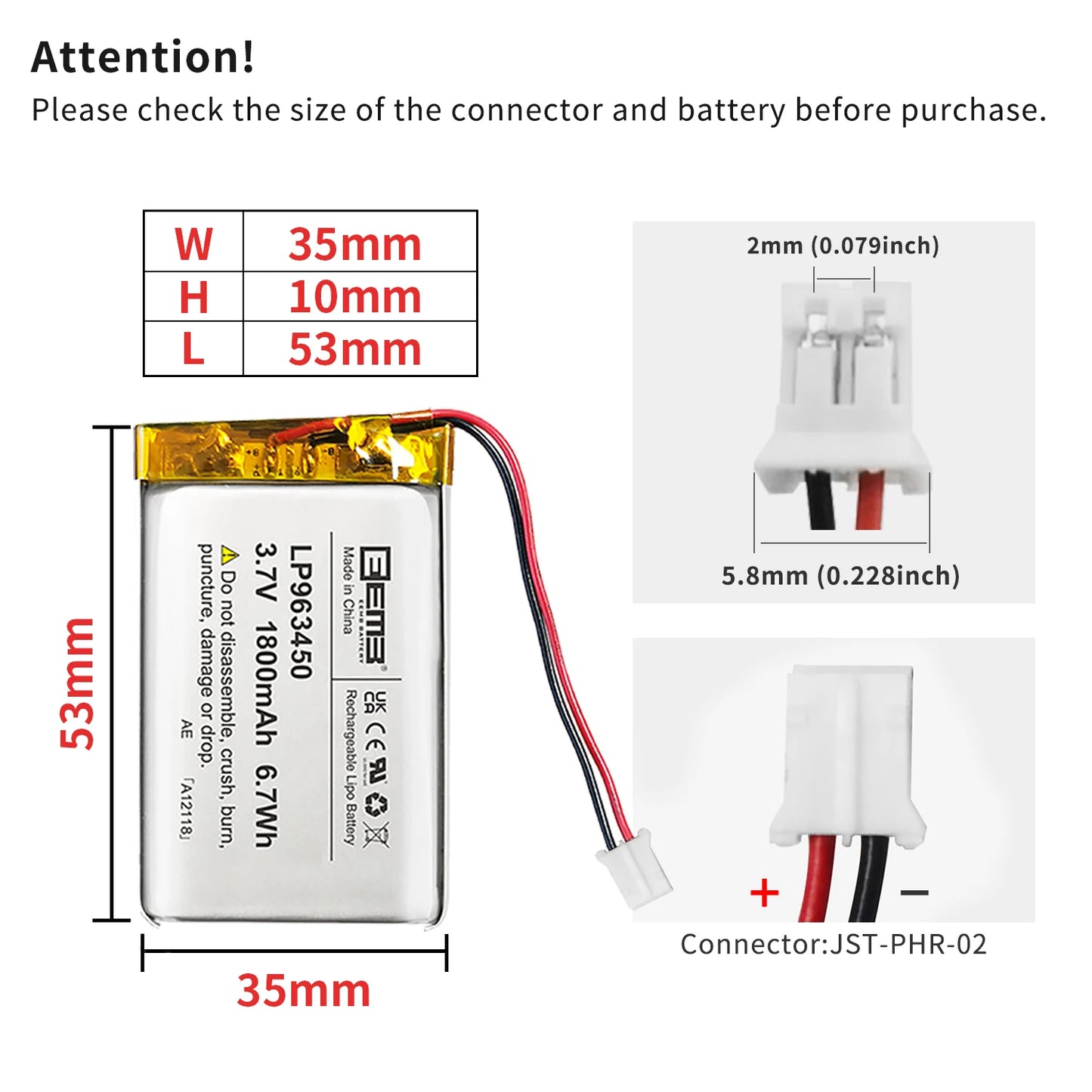 EEMB 3.7V Lipo Battery 1800mAh 963450 Rechargeable Lithium Polymer Battery for GPS Navigator MP5 Bluetooth Speaker