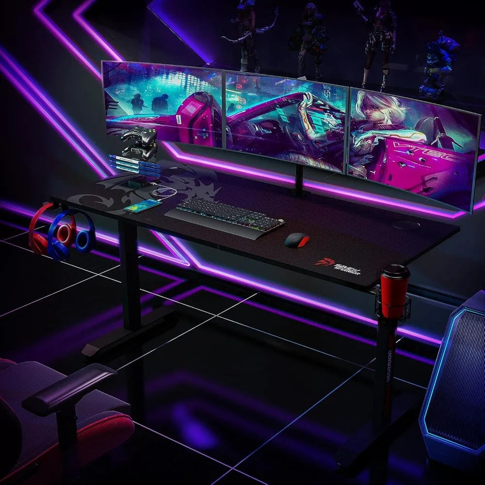 SEVEN WARRIOR Gaming Desk 60 INCH, T- Shaped Carbon Fiber Surface Computer Desk