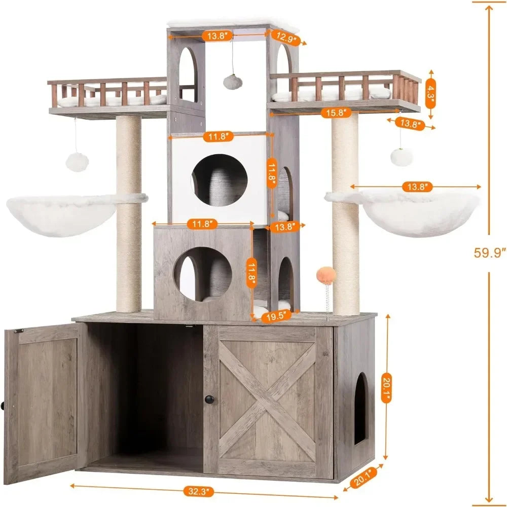 Cat Tree With Litter Box Enclosure for Indoor Big Cat Tower for Large S 20 Lbs Heavy Duty