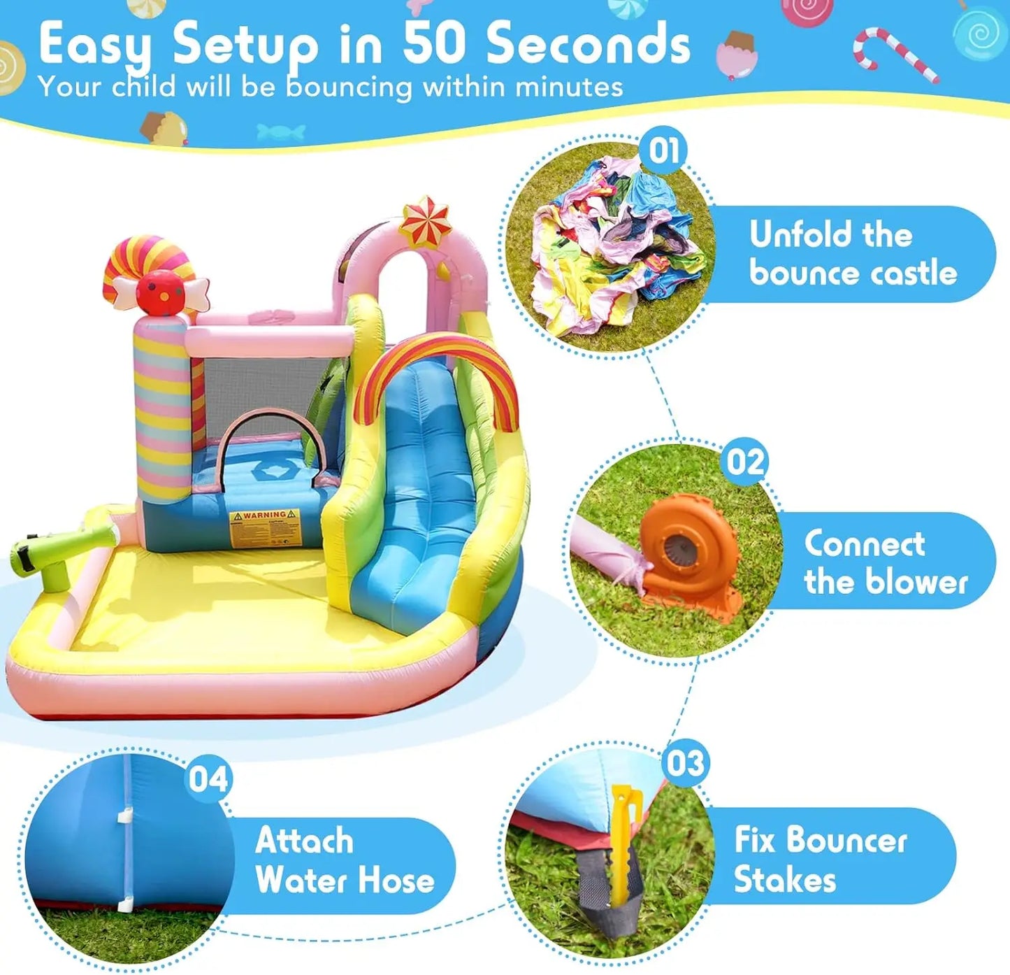 Bounce House Water Slide, 6 in 1 Sweet Candy Water Park