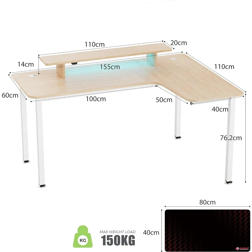 L Shaped Computer Desk with Monitor Shelf LED Light