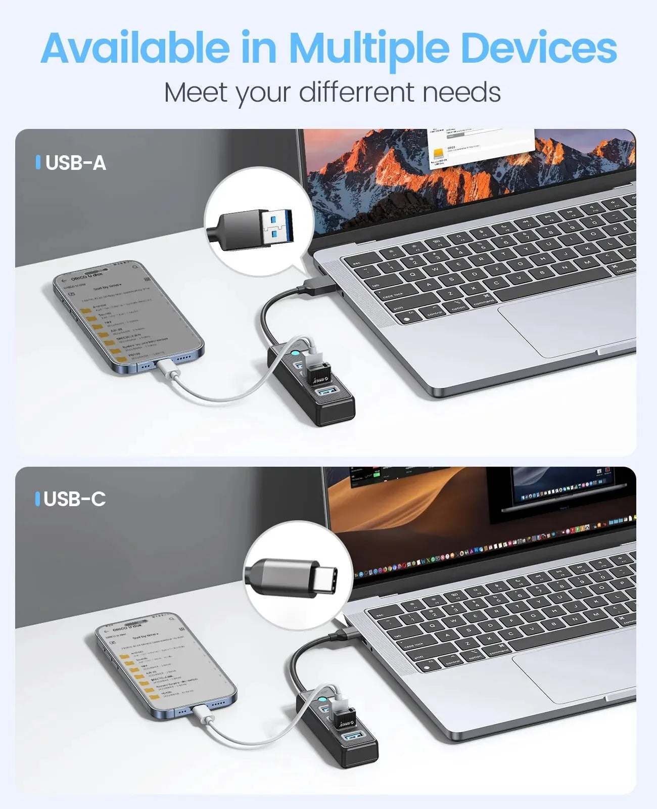 ORICO-Multi Type C Splitter, 4 Ports, USB 3.0 HUB