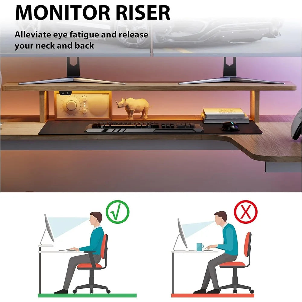 L Shaped Computer Desk with Monitor Shelf LED Light