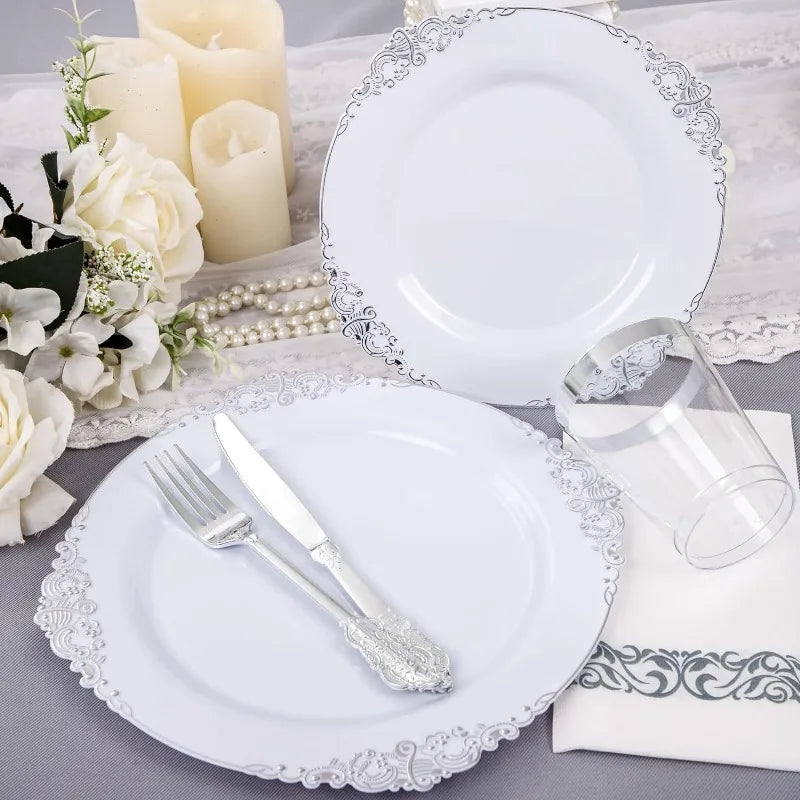 350PCS White and Gold Plastic Plates - Gold Plastic Dinnerware Set