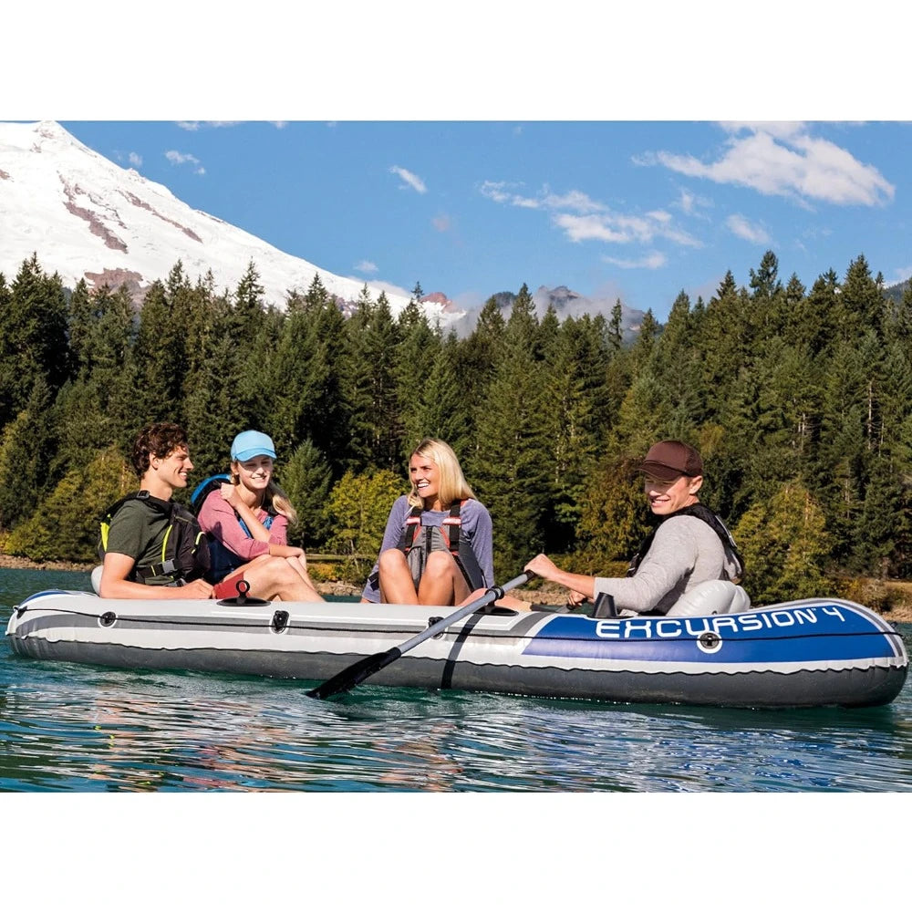 Excursion Inflatable Boat Includes Deluxe 54in Boat Oars and High-Output Pump Adjustable Seats with Backrest Fishing Rod Holders