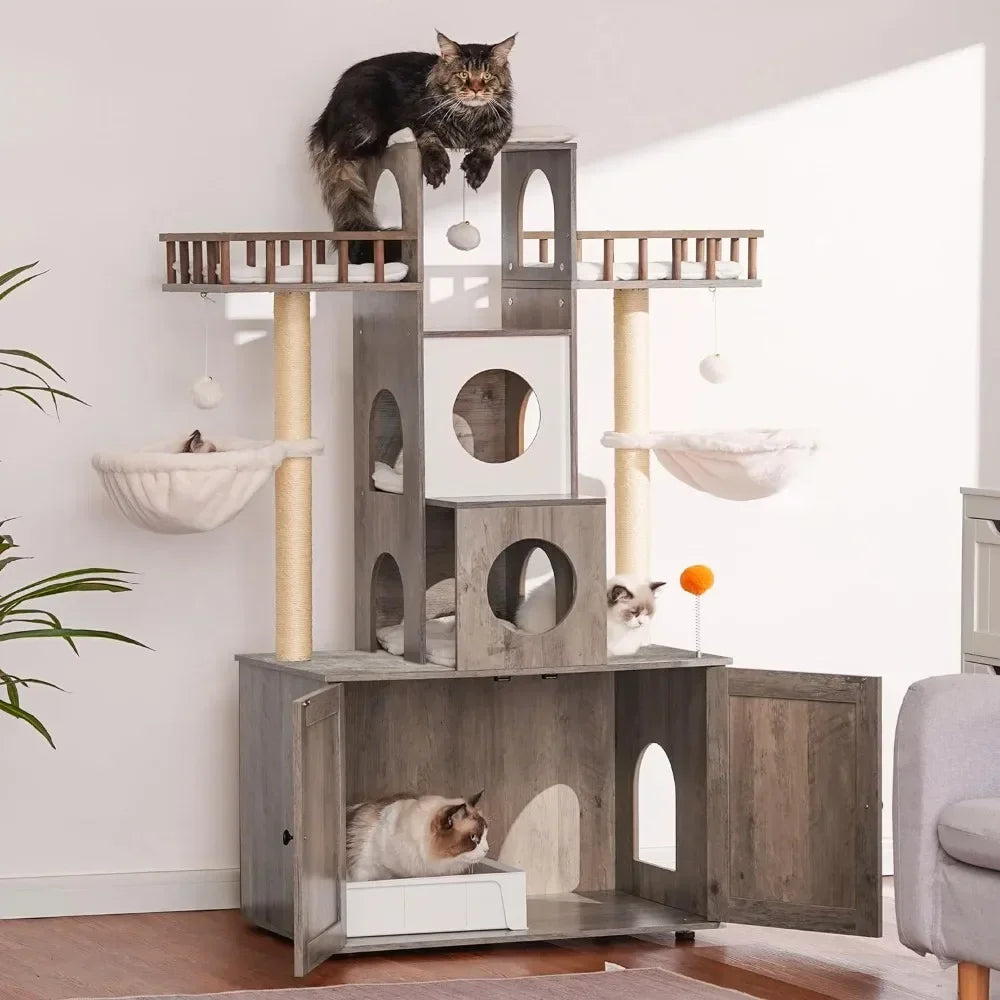 Cat Tree With Litter Box Enclosure for Indoor Big Cat Tower for Large S 20 Lbs Heavy Duty