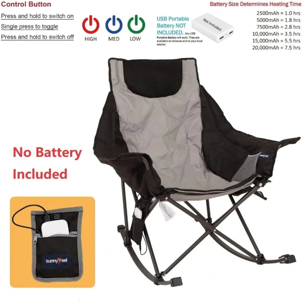 Oversized Heated Camping Chair, Folding Rocking Camping Chairs with Luxury Padded Recliner,Carry Bag