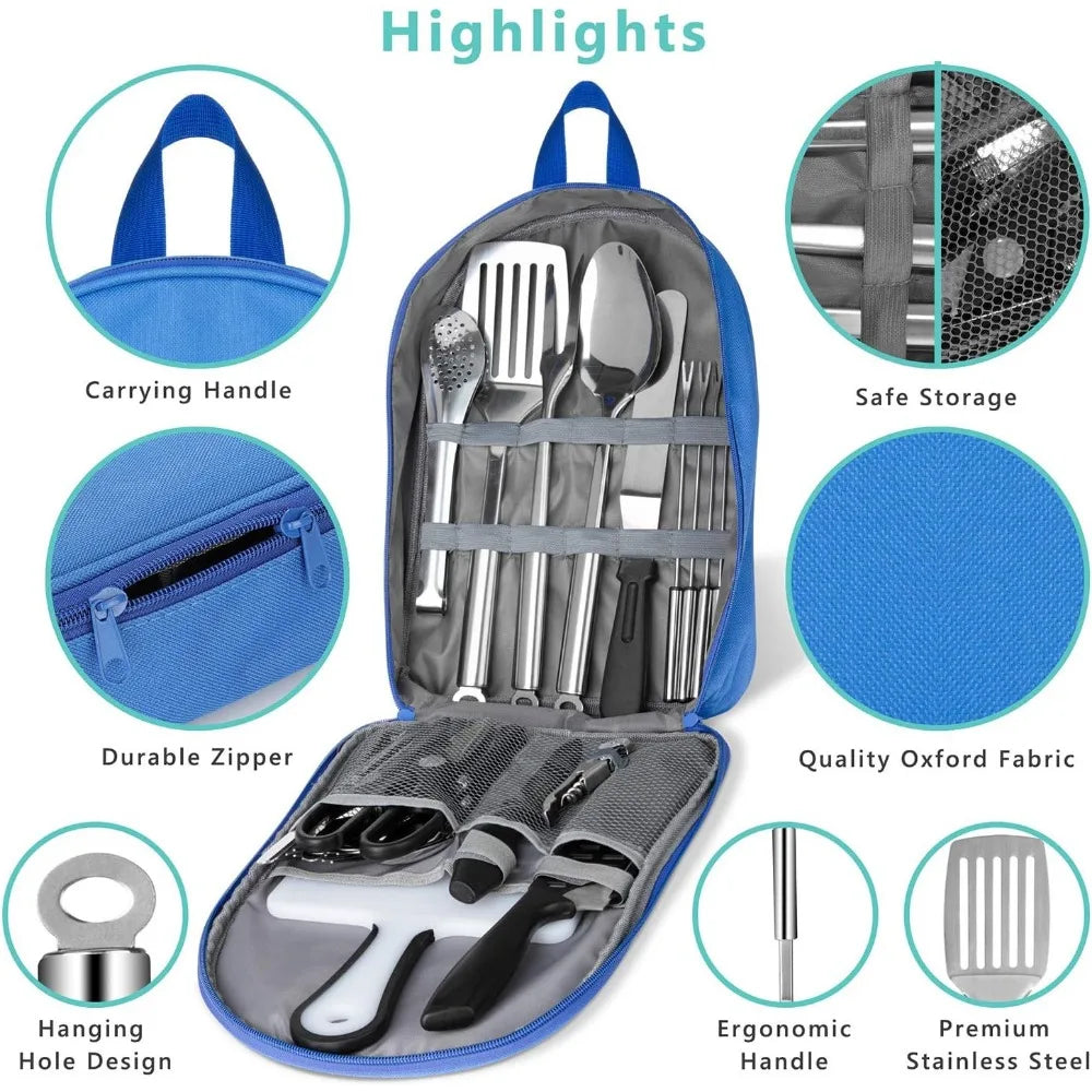 Portable Camping Kitchen Utensil Set, 27-Piece Stainless Steel Outdoor