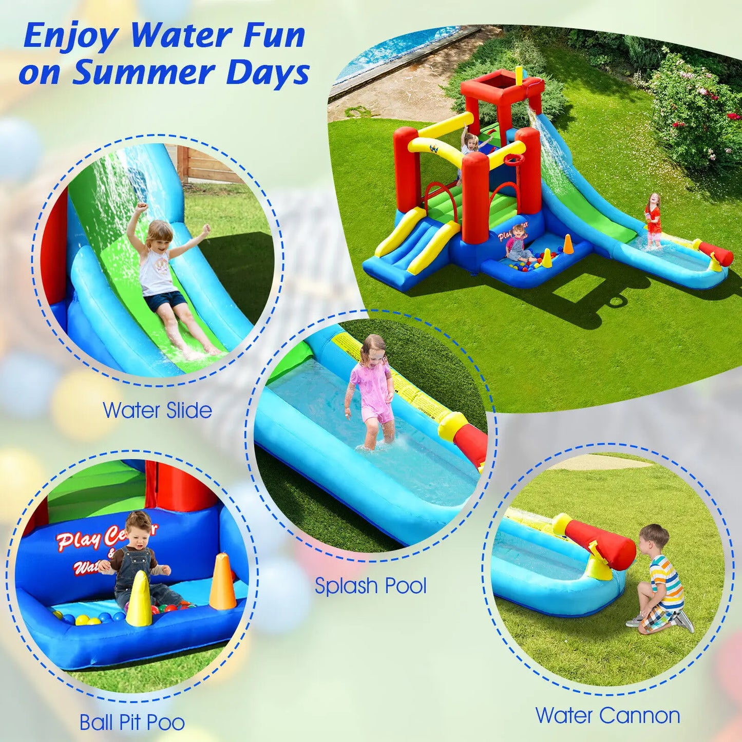 9-in-1 Inflatable Water Slide Kids Bounce Castle Giant Water Park Without Blower