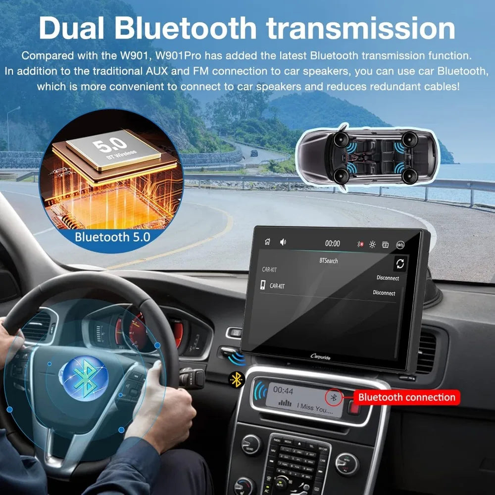 Portable Carplay & Android Auto with Dula Bluetooth, 9 inch 1080P Touch Screen, Mirror Link/GPS/Siri/FM