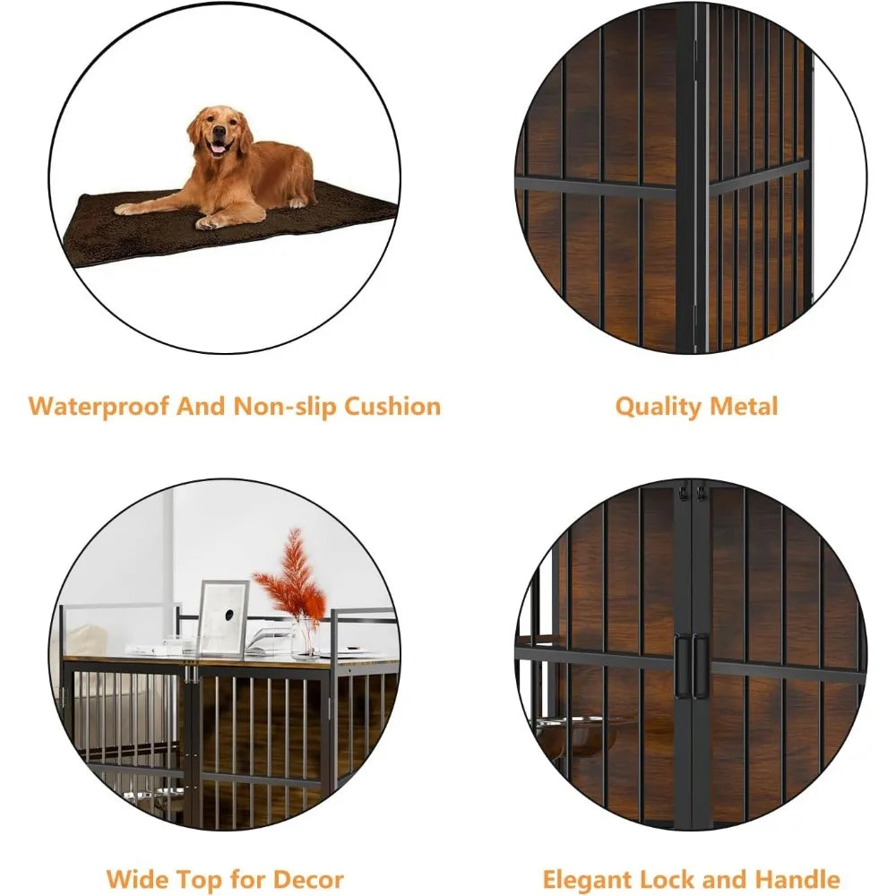 Furniture Style Large Dog Crate with 360° & Adjustable Raised Feeder for Dogs 2 Stainless Steel Bowls