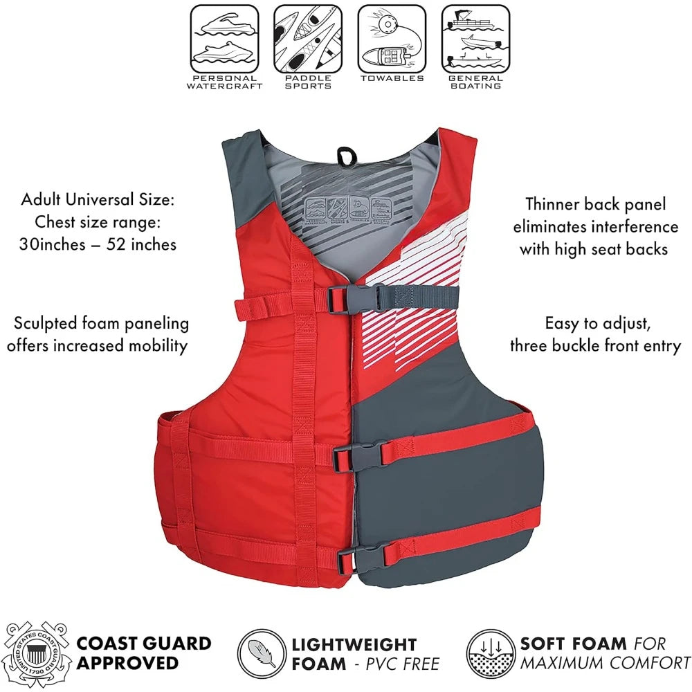 Fit Adult PFD Life Vest | Pack of 4 Adjustable Size, Unisex, Lightweight, High Mobility, PVC Free Life Jacket