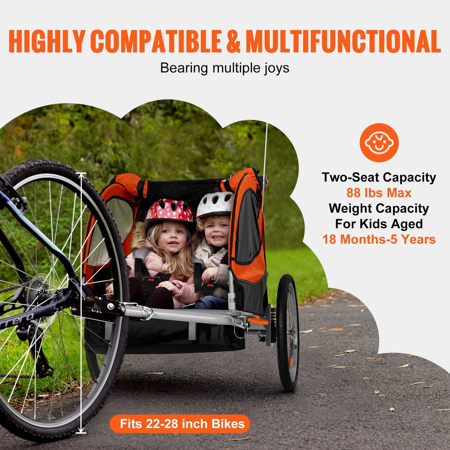 VEVOR 88/100 lbs Child Bike Trailer Double Seat Carrier Converts to Stroller Foldable Children Bicycle Trailer