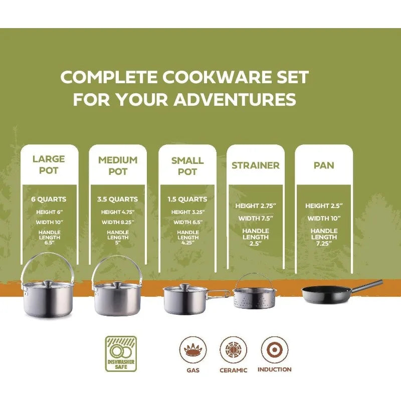 Camping Cookware Set 304 Stainless Steel 8-Piece Pots & Pans