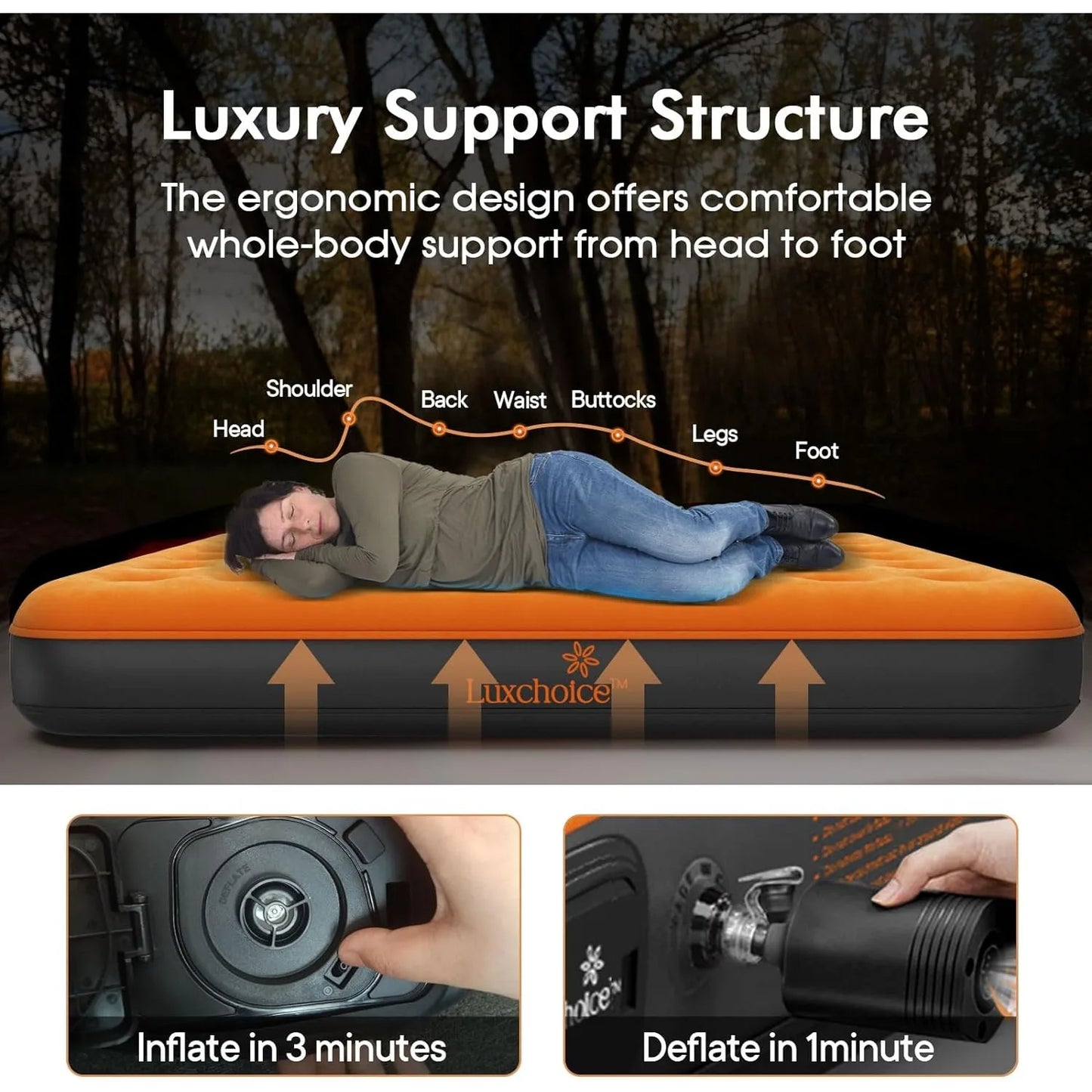 Air Mattress with Built-in USB Rechargeable Pump Camping Inflatable Mattress Portable Blow up Mattress Air Bed Guest Bed