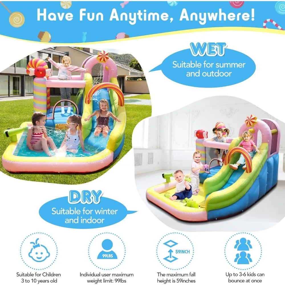 Inflatable Bounce House Water Slide, 6 in 1 Sweet Candy Water Park