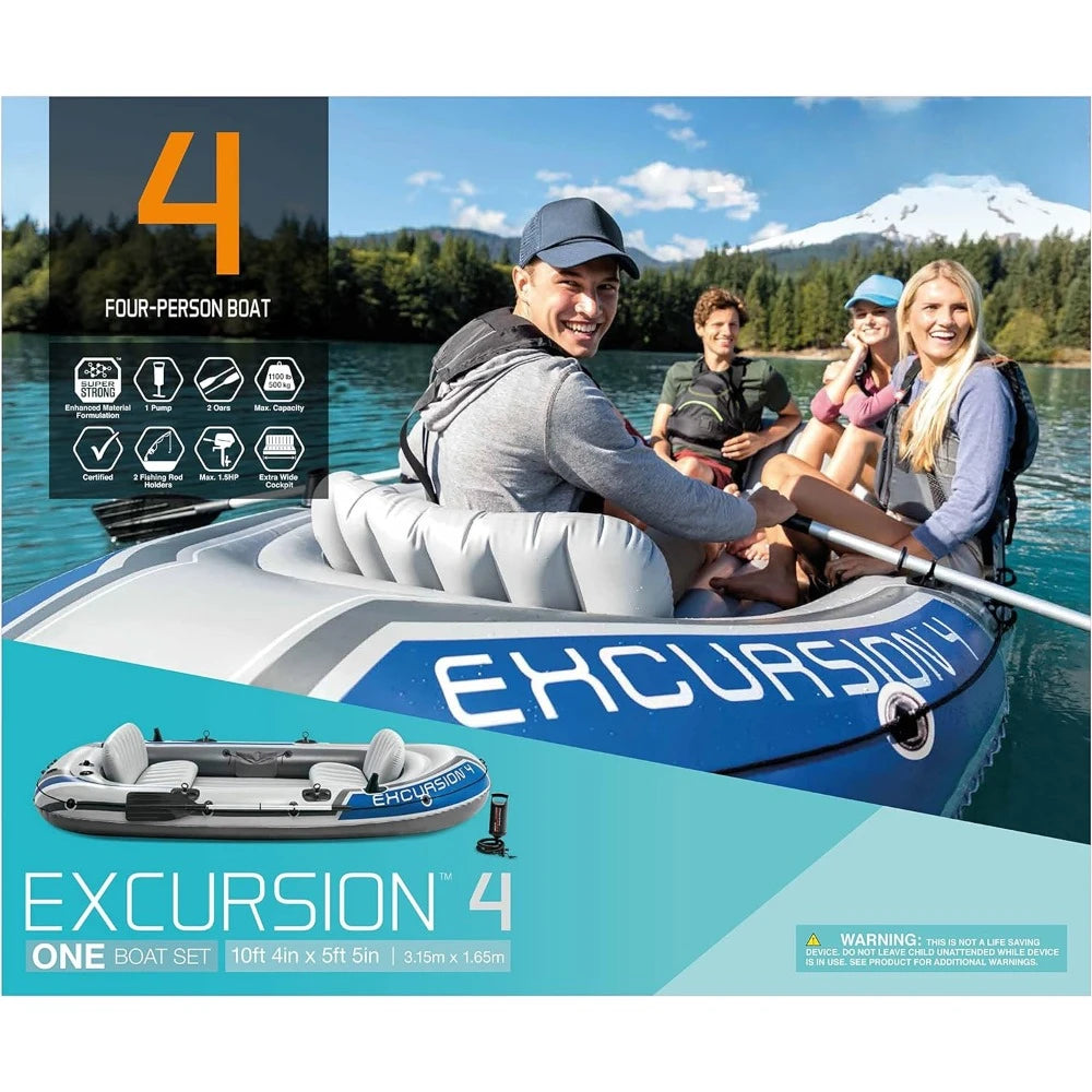 Excursion Inflatable Boat Includes Deluxe 54in Boat Oars and High-Output Pump Adjustable Seats with Backrest Fishing Rod Holders