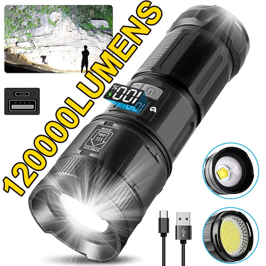 120000 Lumens Super Bright LED Flashlight Rechargeable Type C 9000 mAh