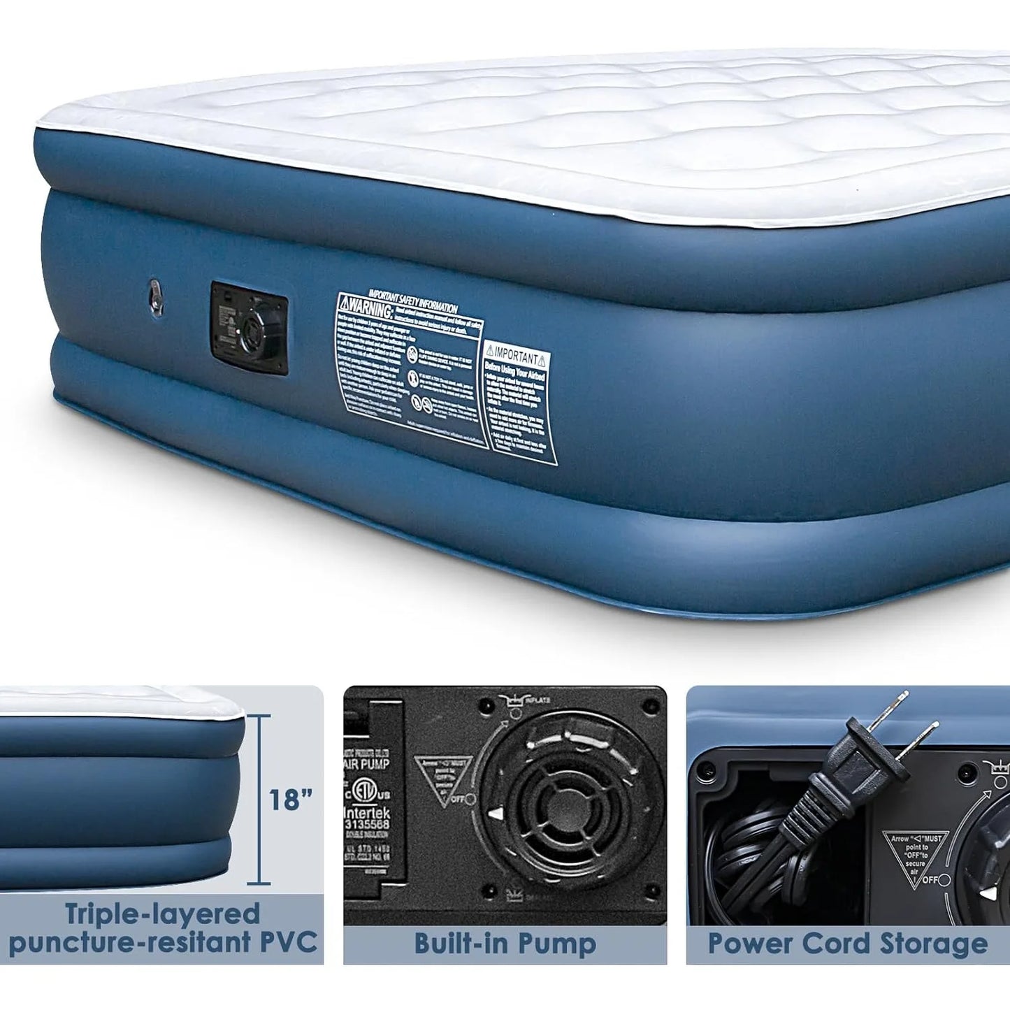 Queen Air Mattress, Air Mattress with Built in Pump, 18"