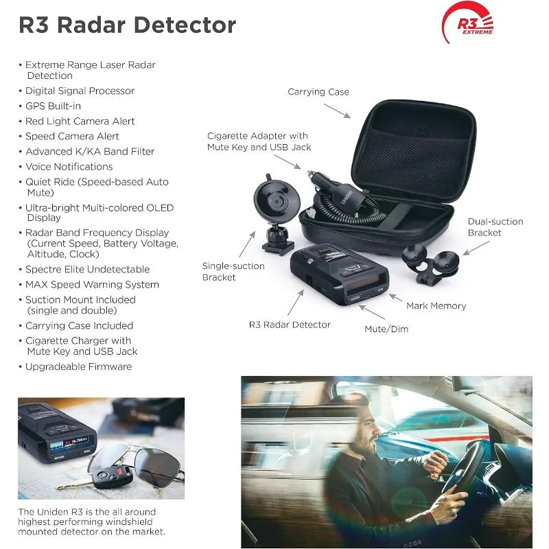 Black Uniden R3 EXTREME LONG RANGE Laser/Radar Detector, Record Shattering Performance, Built-in GPS w/ Mute Memory,Voice Alerts