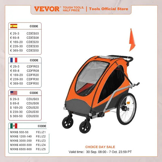 VEVOR 100/110/120 lbs Child Bike Trailer Canopy Carrier Stroller with Coupler Tow Foldable Bicycle Trailer