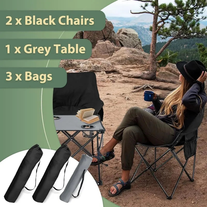 Camping Chairs Set for Adults, 2 Black Folding Moon Chair & 1 Lightweight Camp Table