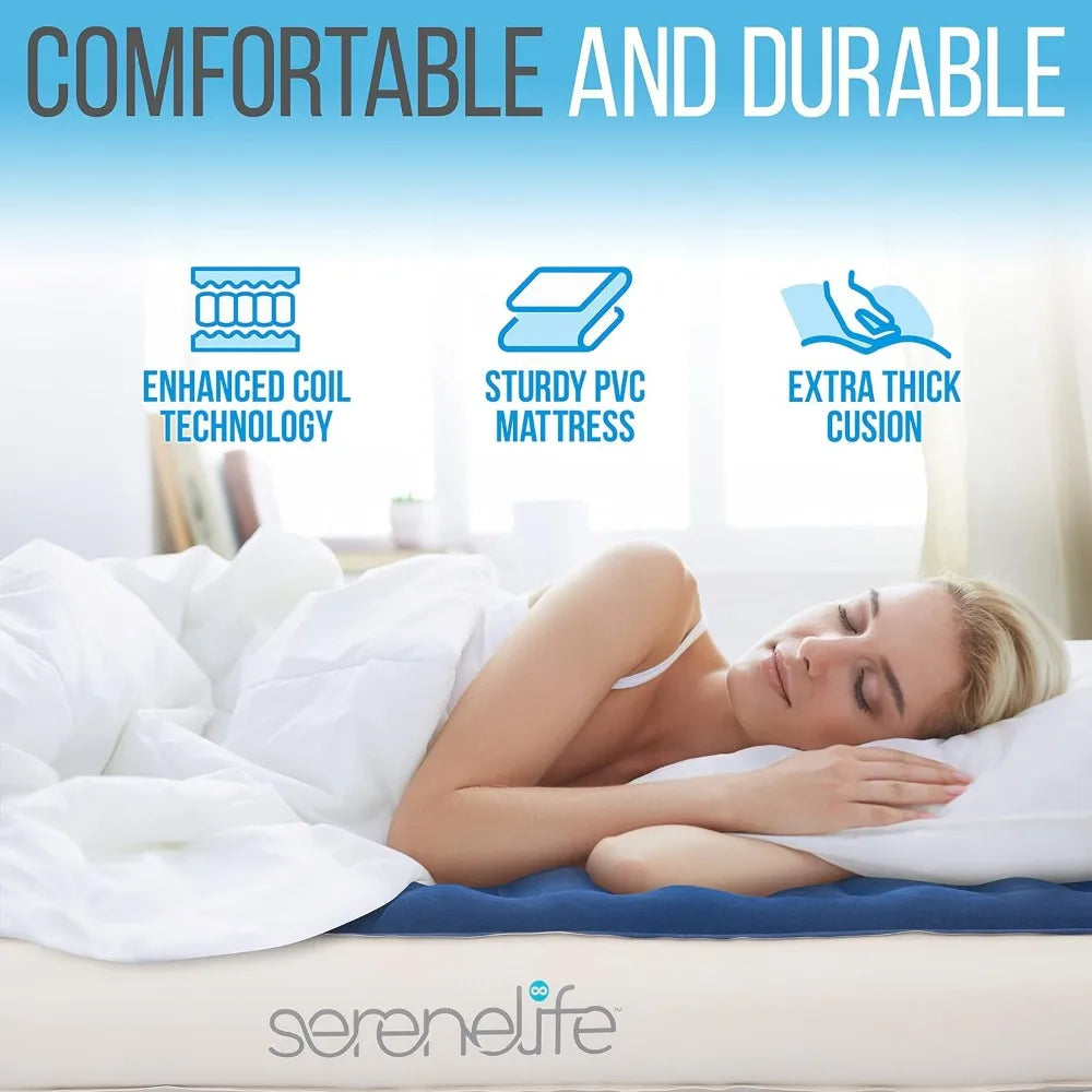 SereneLife EZ Air Mattress with Frame & Rolling Case, Foldable Self-Inflating Air Bed with Built in Pump