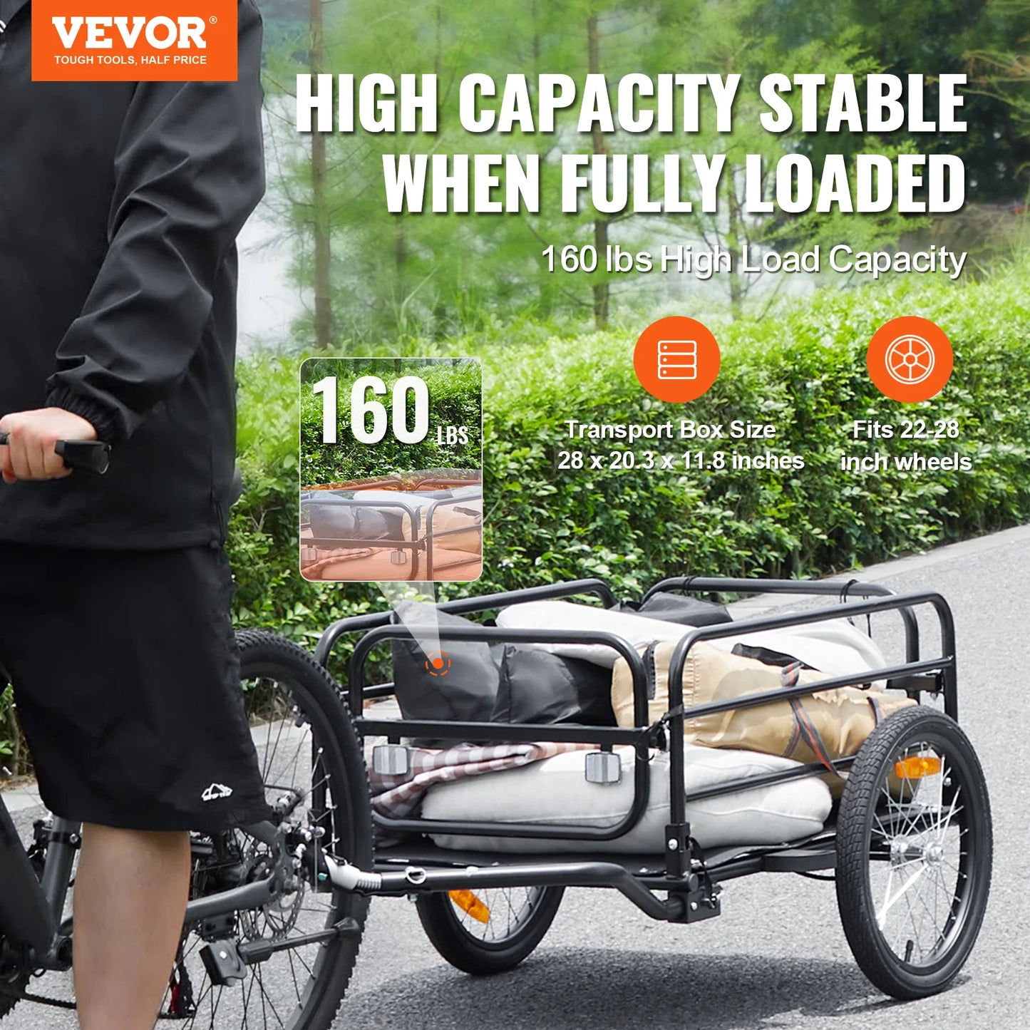 VEVOR 160 lbs Bike Cargo Trailer Foldable Storage Bicycle Wagon Cart with 16" Wheels Safe Reflectors Fits 22"-28" Bike Wheels