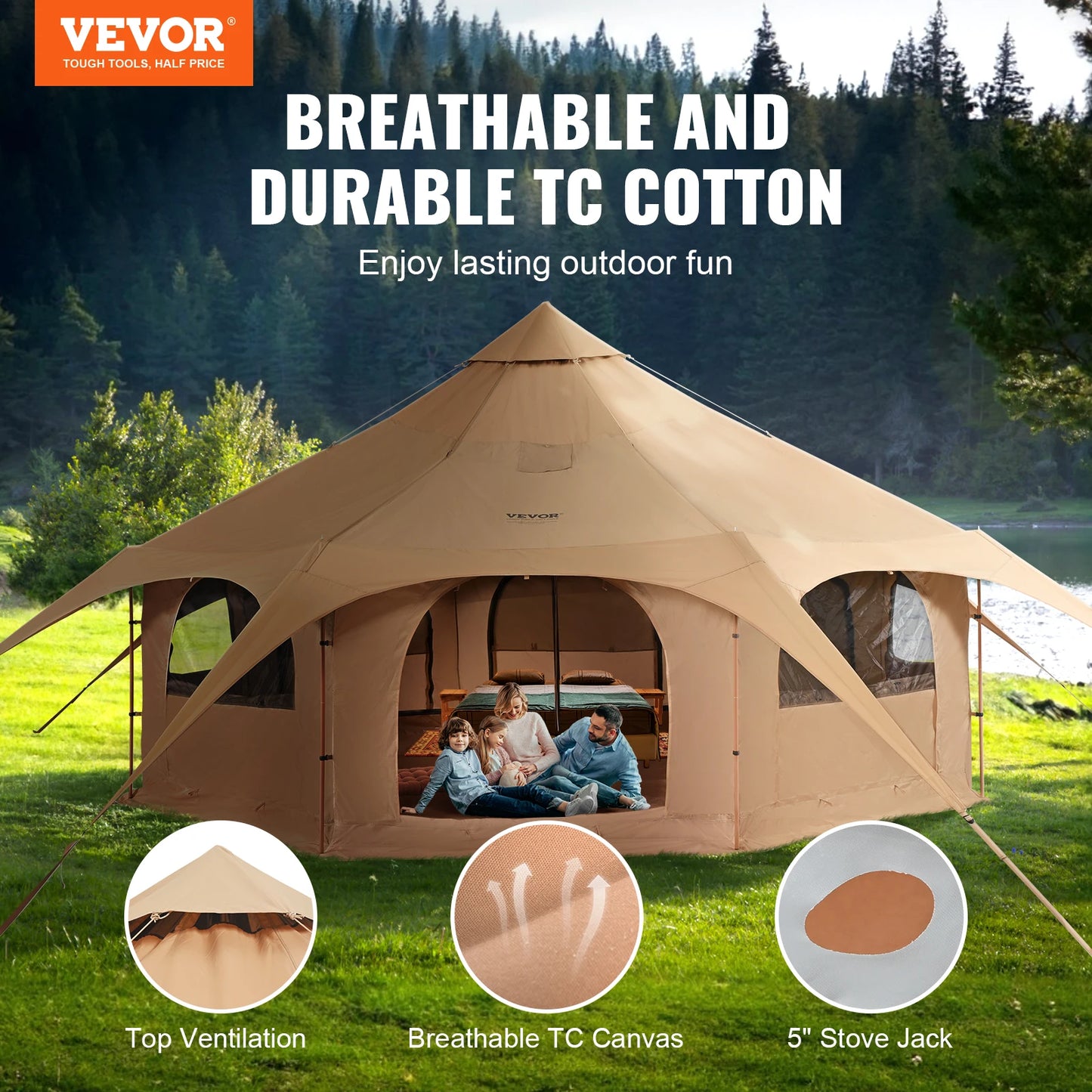 VEVOR Canvas Tent 5 m/16.4 ft Bell Tent for Camping w/Stove Jack Breathable Yurt Tent for 8 People Camping Outdoor Hunting Party