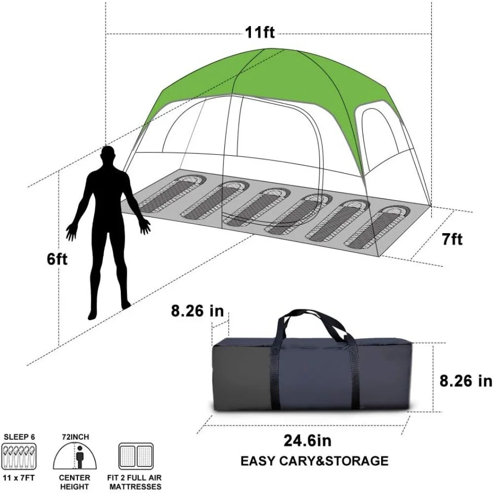 6Person-Camping-Tents, Waterproof Windproof Family Tent with Top Rainfly