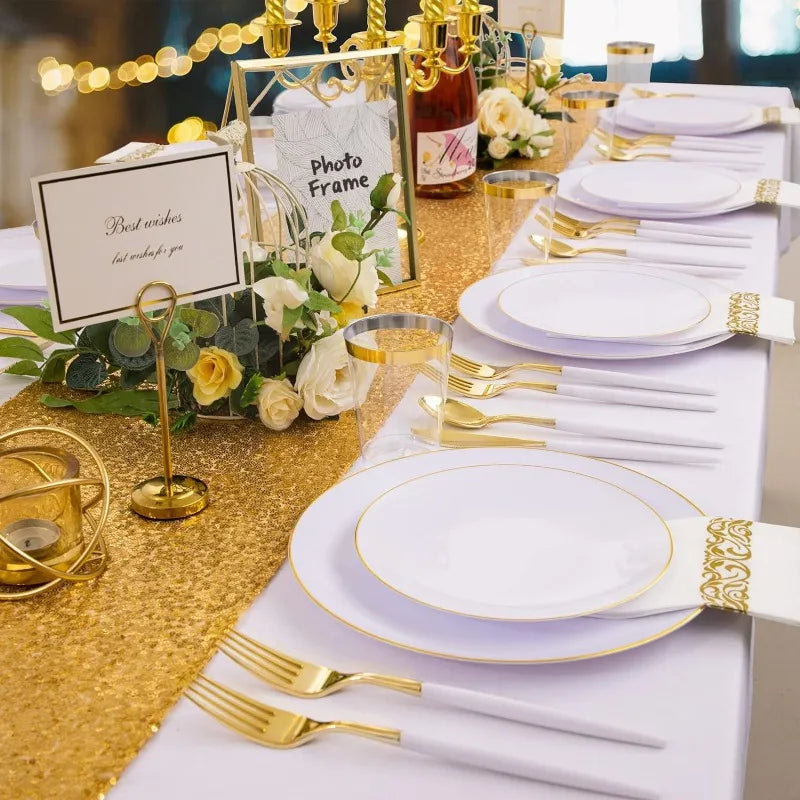 350PCS White and Gold Plastic Plates - Gold Plastic Dinnerware Set