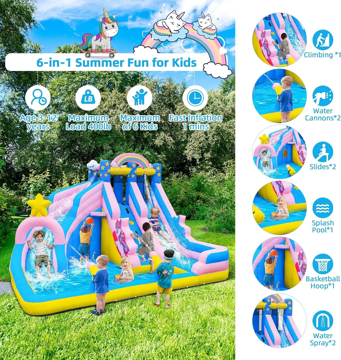 Inflatable Water Slide: 6 in 1 Bounce House Water Park