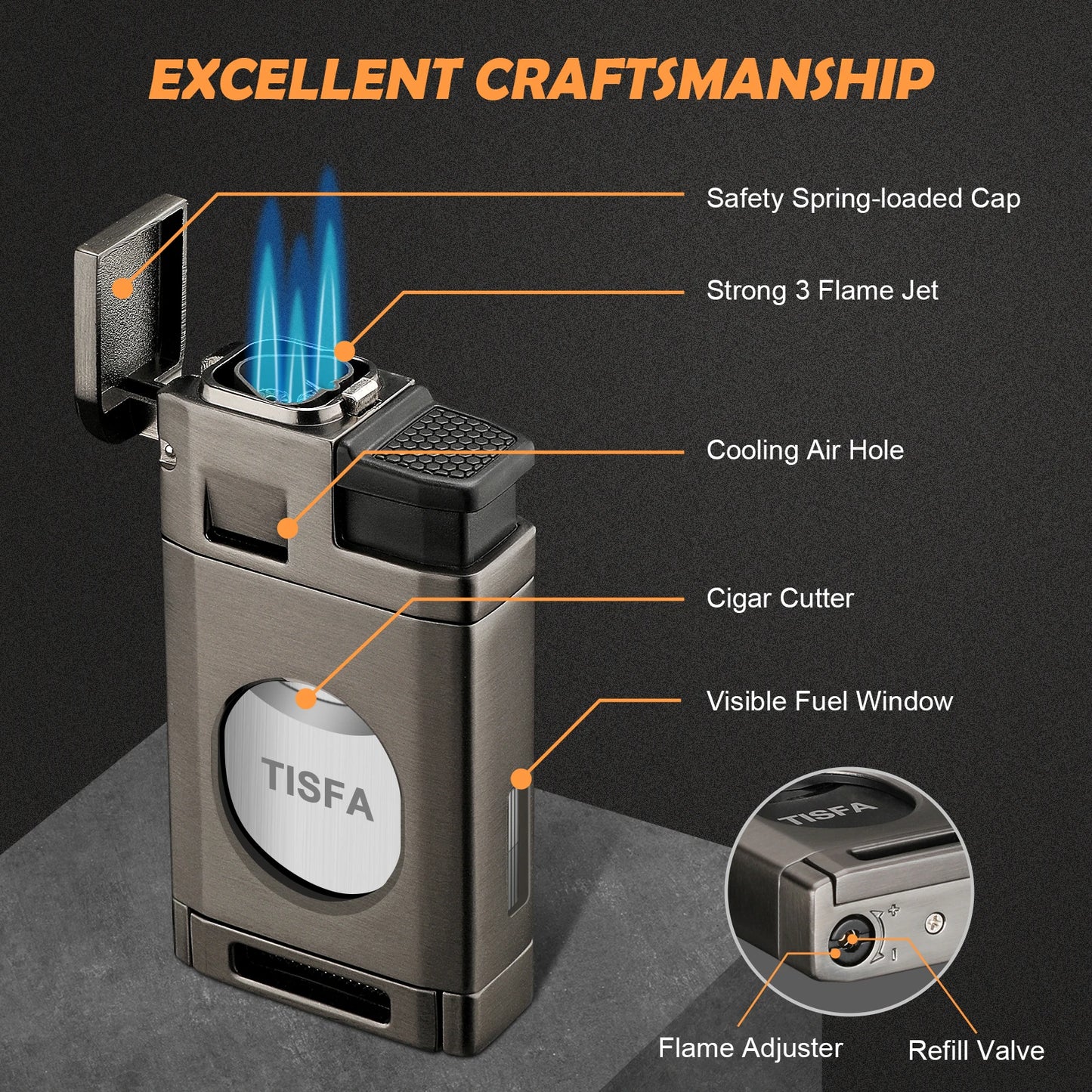 Cigar Torch Lighter with Built in Cigar Cutter,Triple Jet Flame Butane Lighter