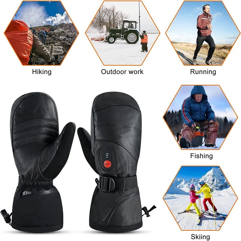 Winter Ski Snowboard Gloves Rechargeable Heated Thermal Leather Waterproof High Temperature Mittens