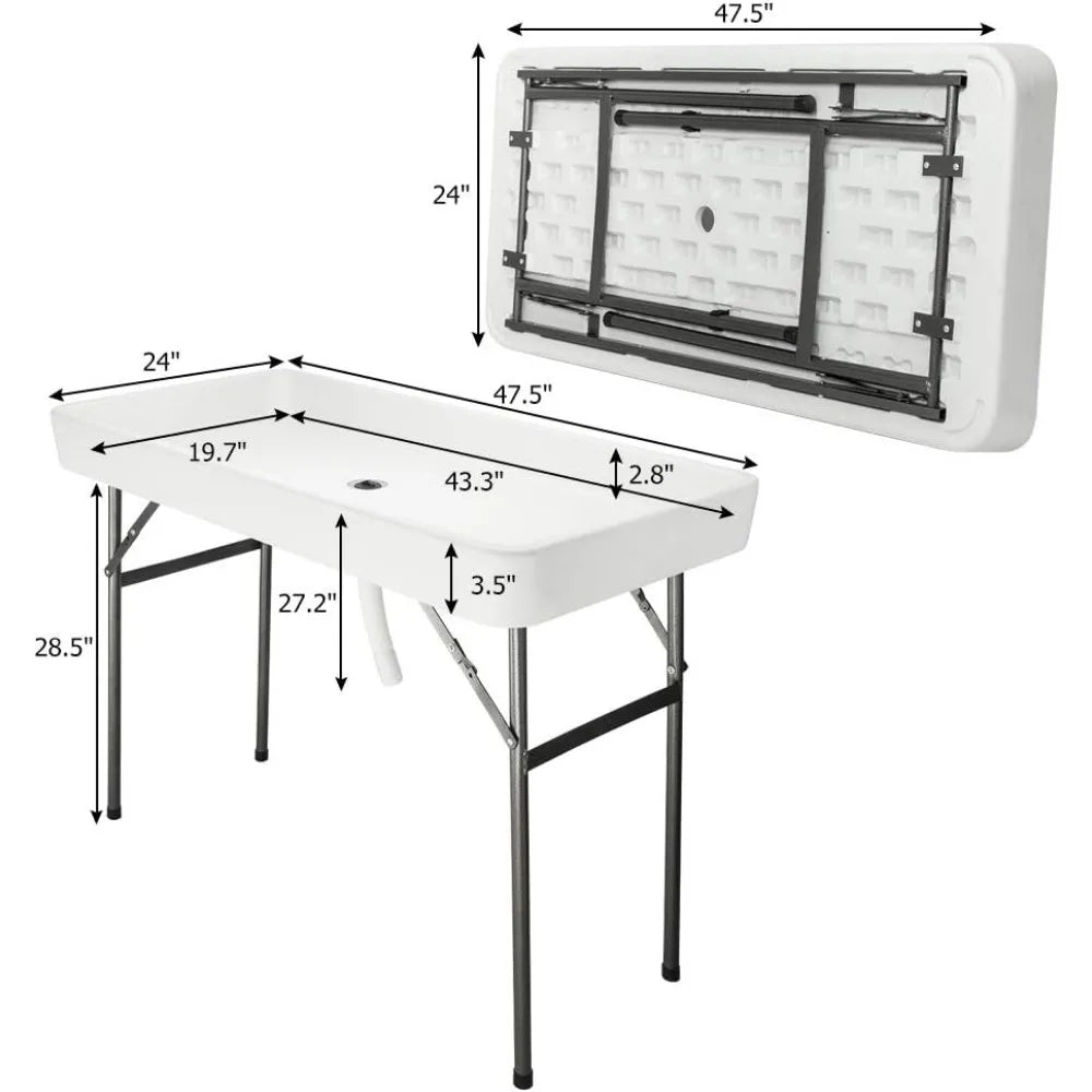 4 Foot Party Ice Cooler Folding Table, Portable Tailgate Camp Fishing Cleaning Table, Plastic with Matching Skirt