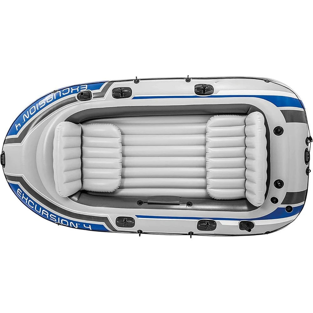 Excursion Inflatable Boat Includes Deluxe 54in Boat Oars and High-Output Pump Adjustable Seats with Backrest Fishing Rod Holders