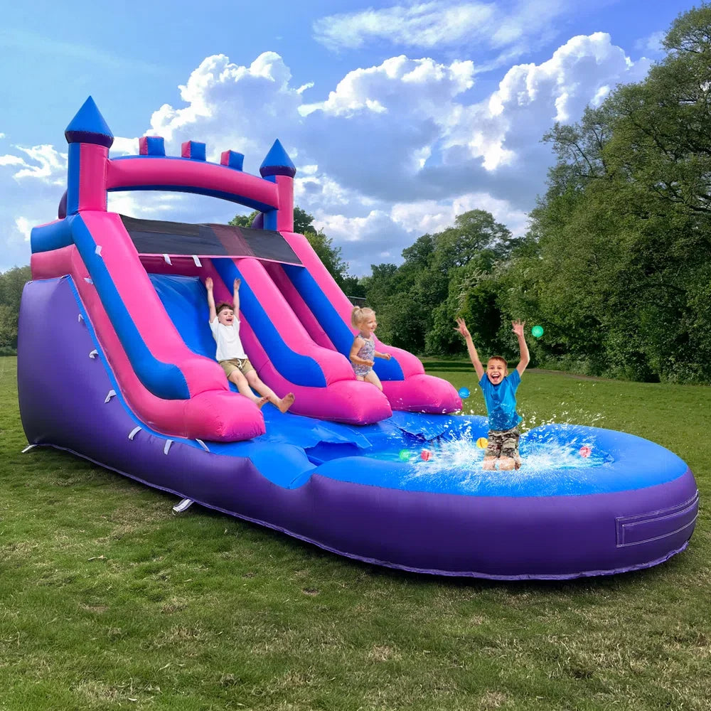 21ft Commercial Grade Navy and Purple Inflatable Water Slide with Splash Pool