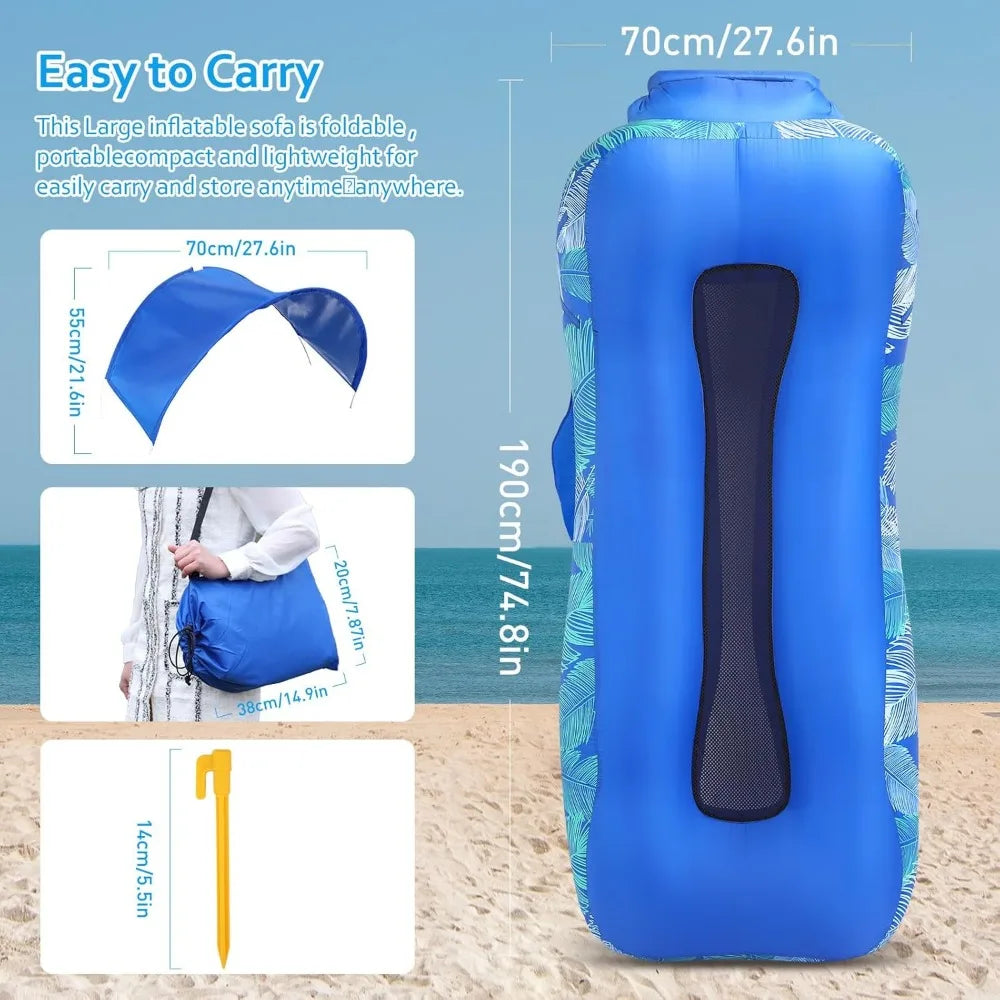 Inflatable Lounger Air Sofa with Unique Sun-shade Design, Inflatable Beach Bed with Pillow