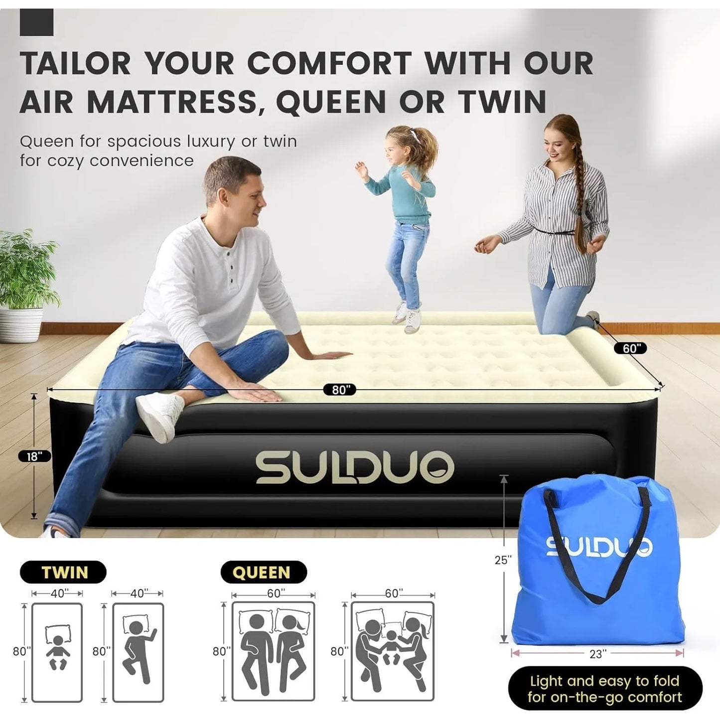 Luxury Air Mattress Queen with Built in Pump, 18'' High Double Mattress, Self Inflating Air Bed