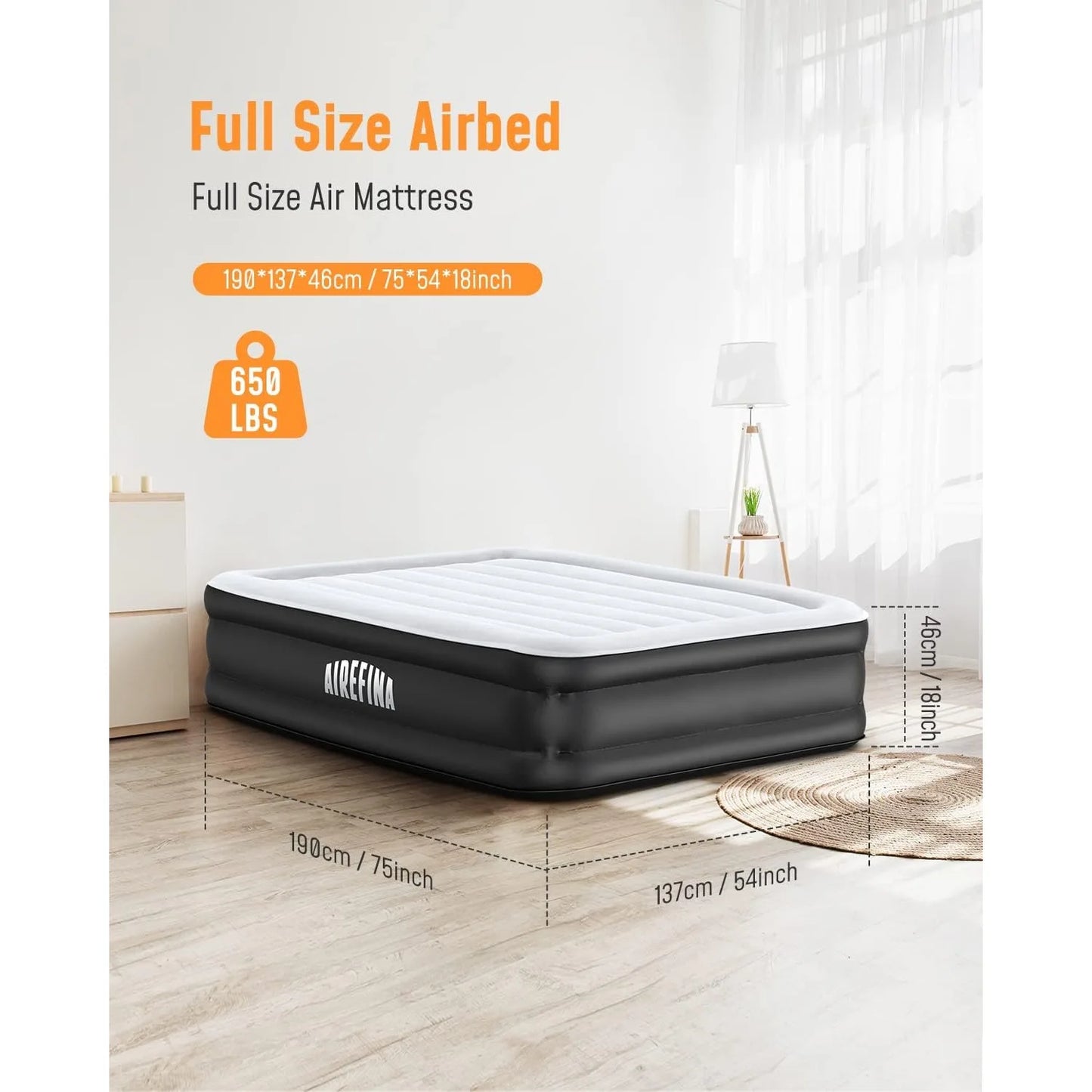 Airefina Air Mattress Full with Built in Pump, 18" Double Mattress with Quick-Inflation