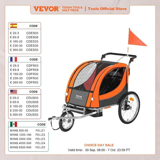 VEVOR 88/100 lbs Child Bike Trailer Double Seat Carrier Converts to Stroller Foldable Children Bicycle Trailer