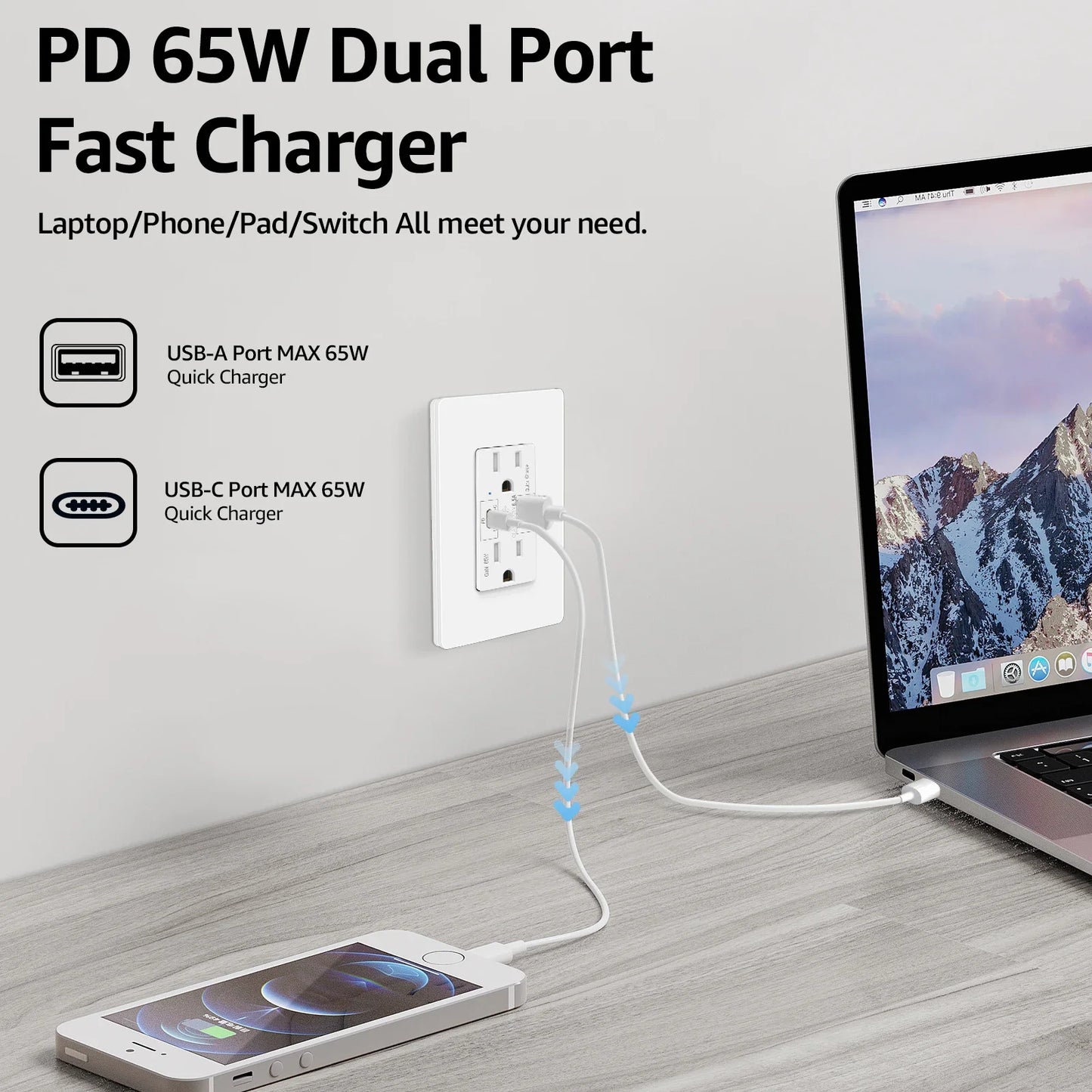 1Pcs PD3.0 65W Type C Outlet Fast Charging USB-C Charger 15 Amp Receptacle Plug Electrical USB Socket Charge for iPhone Android