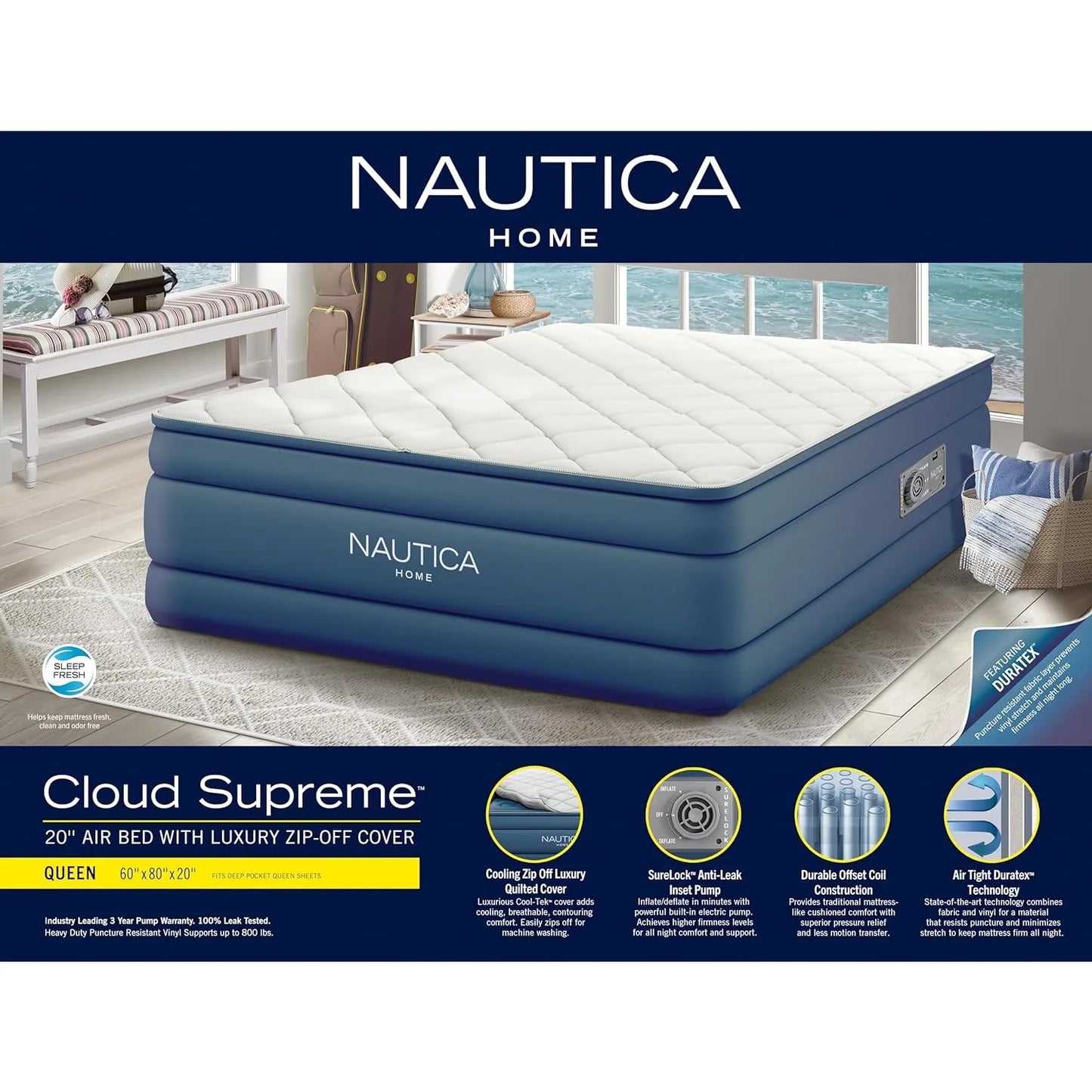 Nautica Home Cloud Supreme Air Mattress Inflatable Bed for Guests Travel and Camping:Offset Coil Construction with Built in Pump